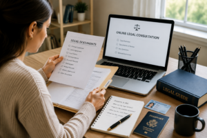 Client preparing documents for online lawyer consultation