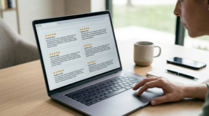 Consumer comparing potentially fake online reviews and ratings