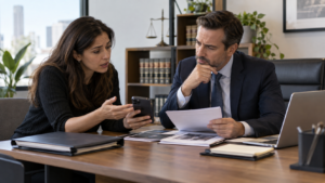 Consumer discussing deepfake scam evidence with a lawyer